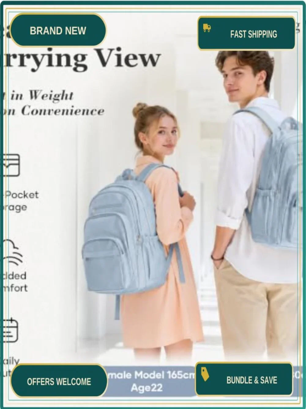 Large Capacity College Backpack with Pockets for Students, Lightweight Nylon